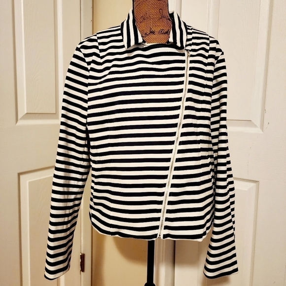 Lane Bryant Lined Asymmetrical Zip Zipper Navy White Striped Jacket Women's 22 - Picture 1 of 8